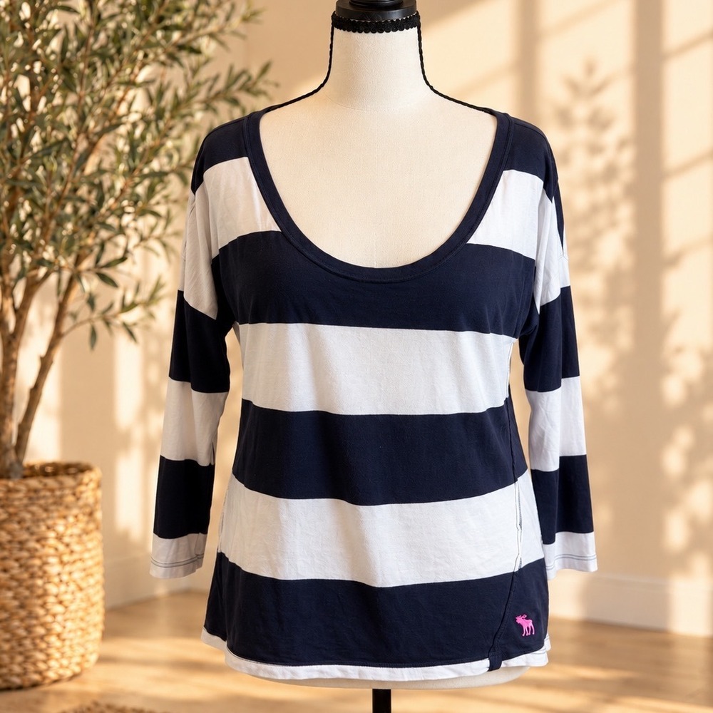 Abercrombie & Fitch Navy White Striped Scoop Neck Top Pink Moose Logo Medium